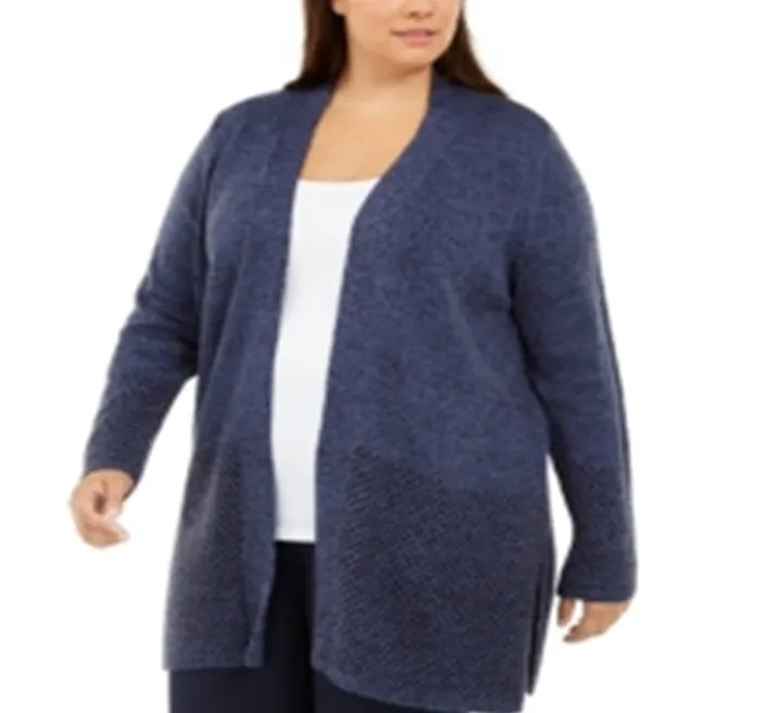 Karen Scott Women's Patterned Border Cardigan Sweater Blue Size 3X