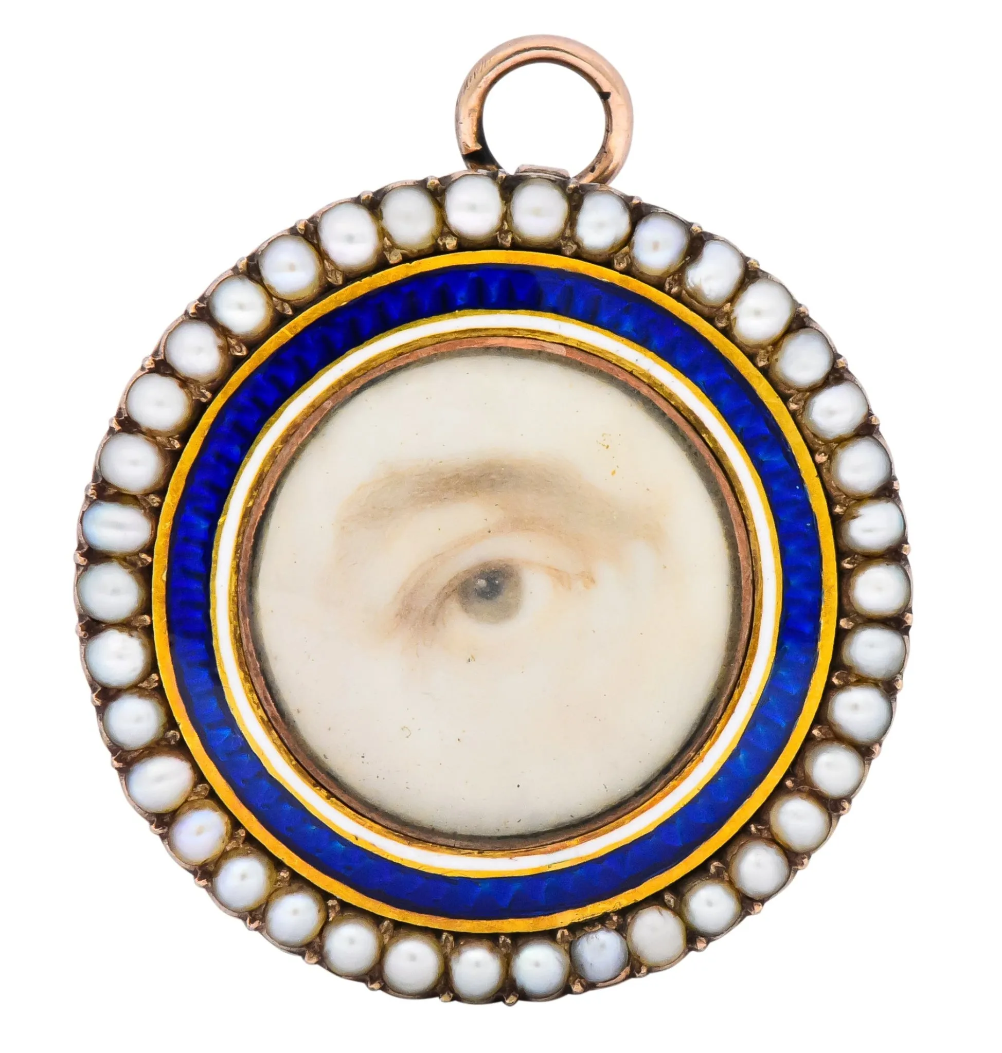 Late Georgian Seed Pearl Enamel 12 Karat Gold Lover’s Eye Pendant Brooch