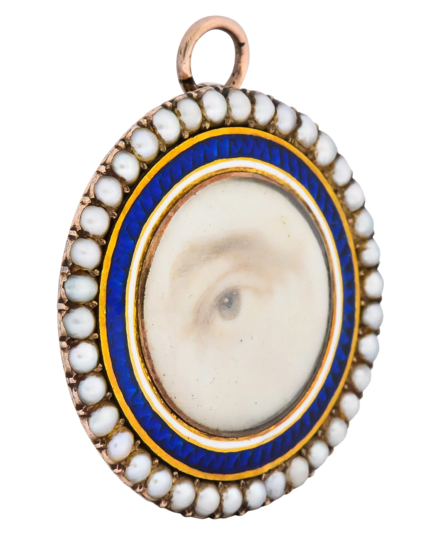 Late Georgian Seed Pearl Enamel 12 Karat Gold Lover’s Eye Pendant Brooch