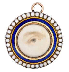 Late Georgian Seed Pearl Enamel 12 Karat Gold Lover’s Eye Pendant Brooch