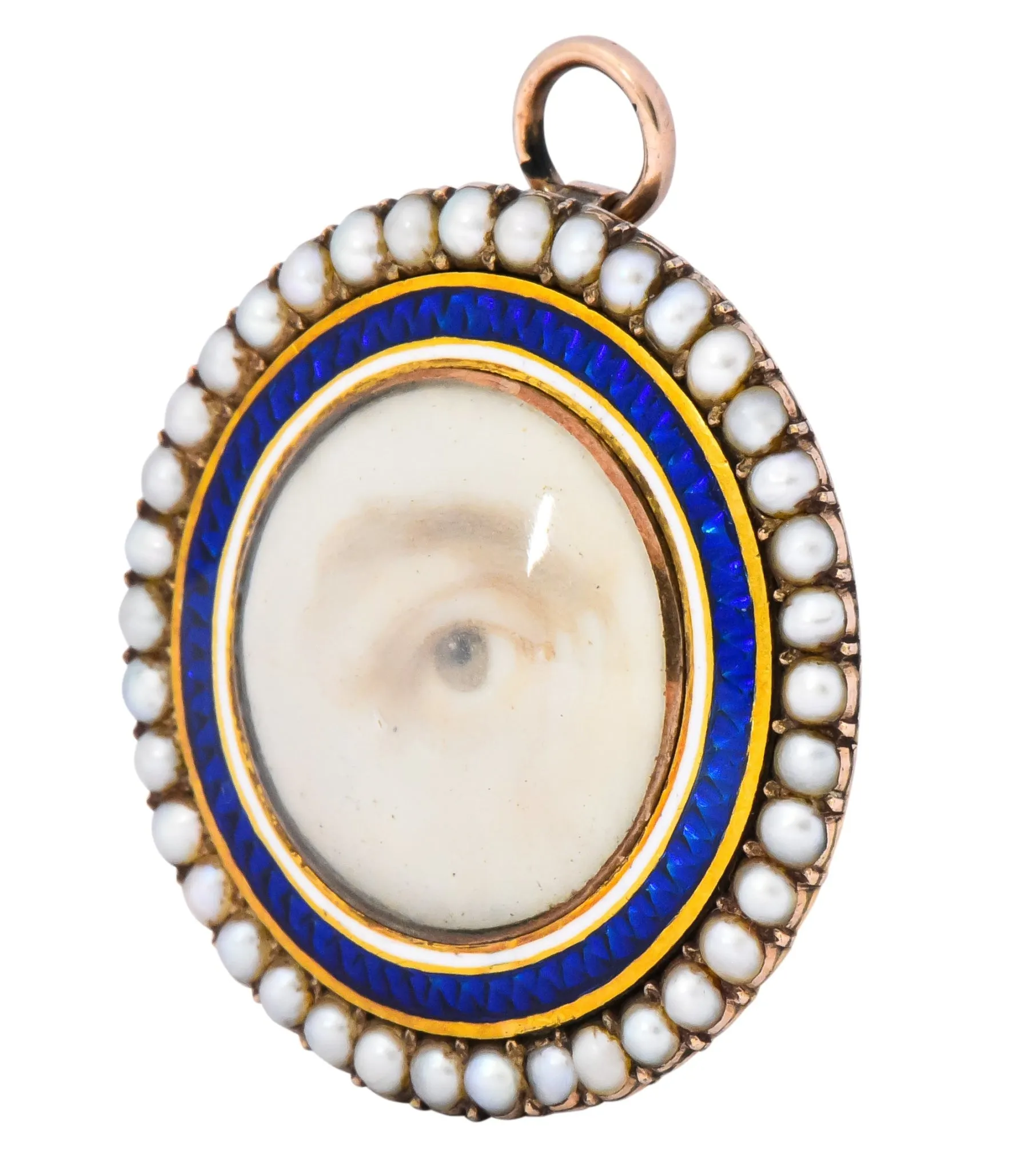 Late Georgian Seed Pearl Enamel 12 Karat Gold Lover’s Eye Pendant Brooch