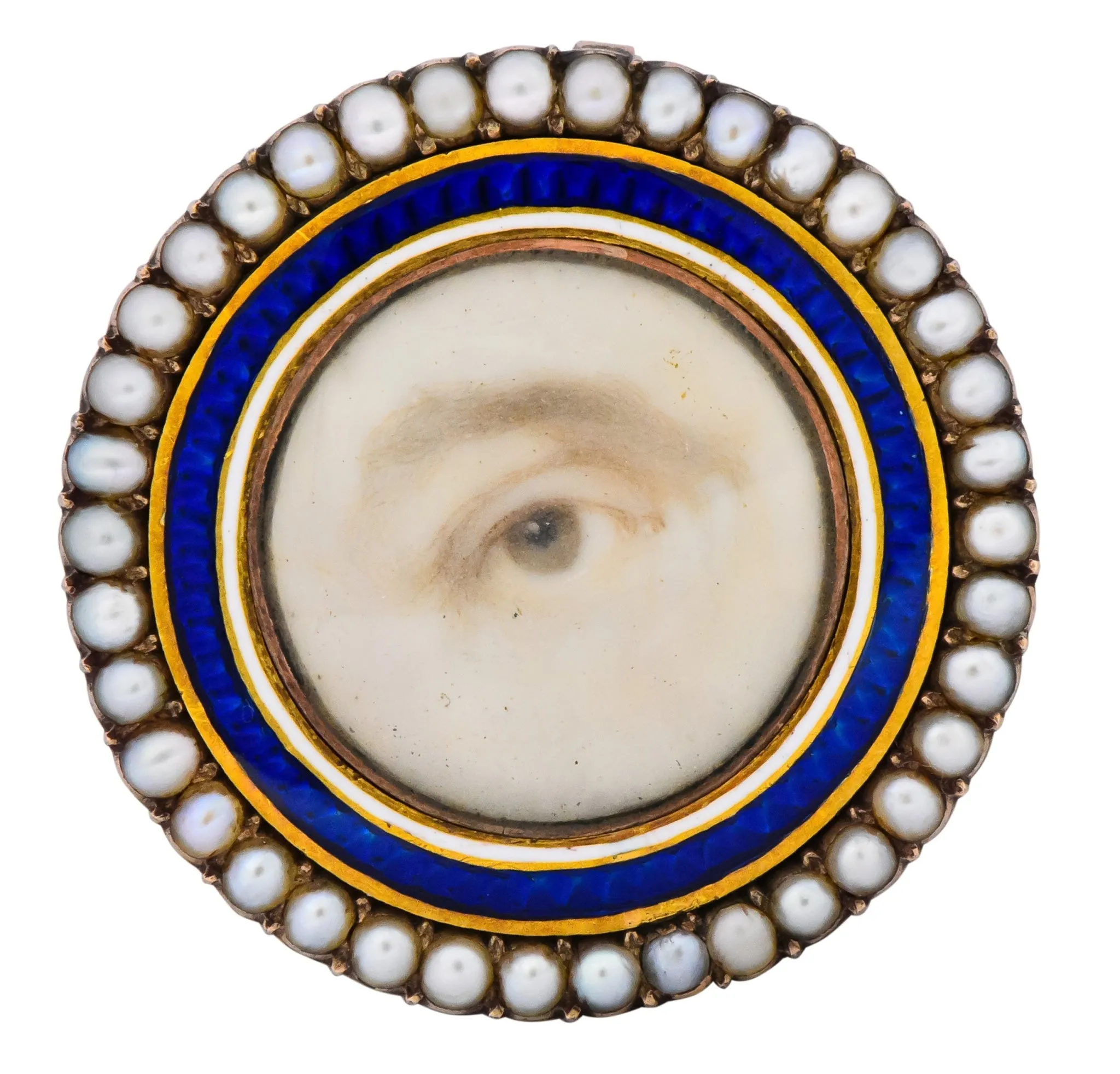 Late Georgian Seed Pearl Enamel 12 Karat Gold Lover’s Eye Pendant Brooch