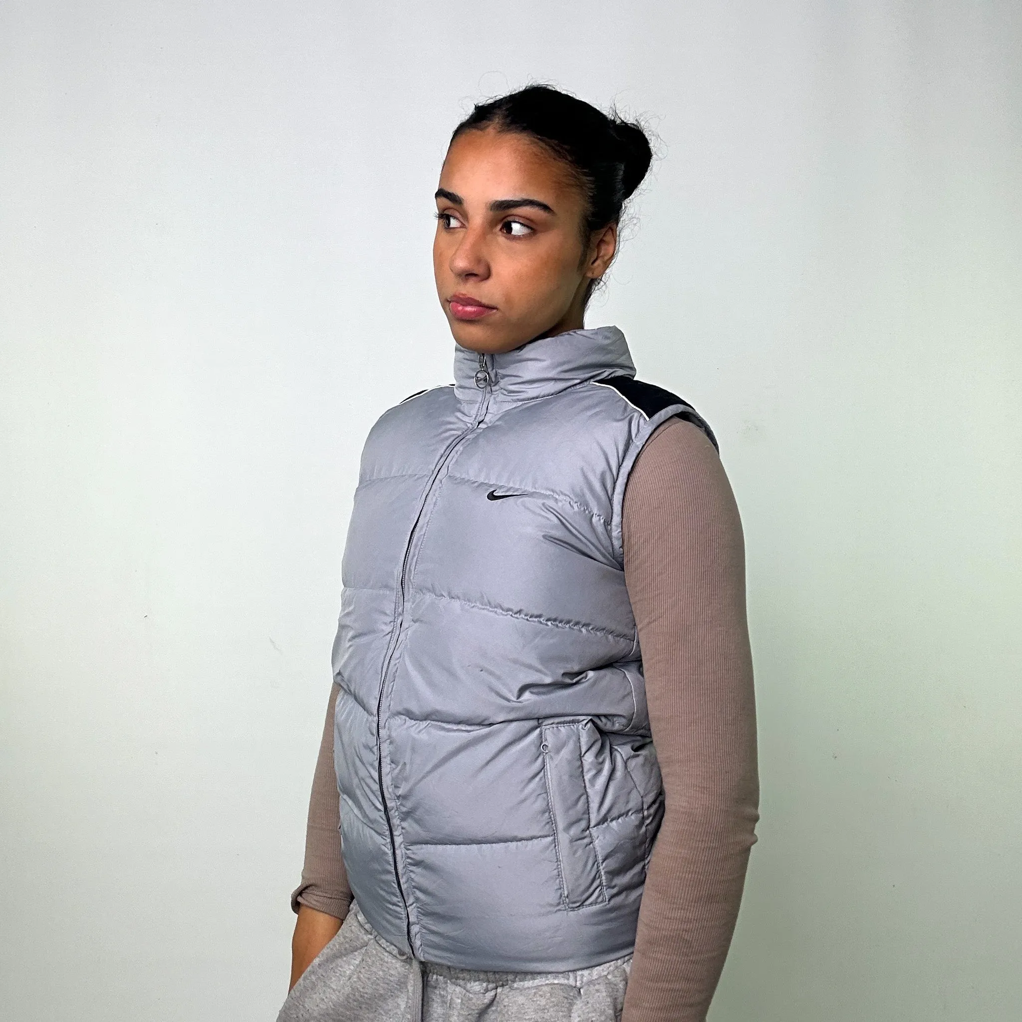 LIGHT GREY Y2KS NIKE PUFFER JACKET COAT GILET (