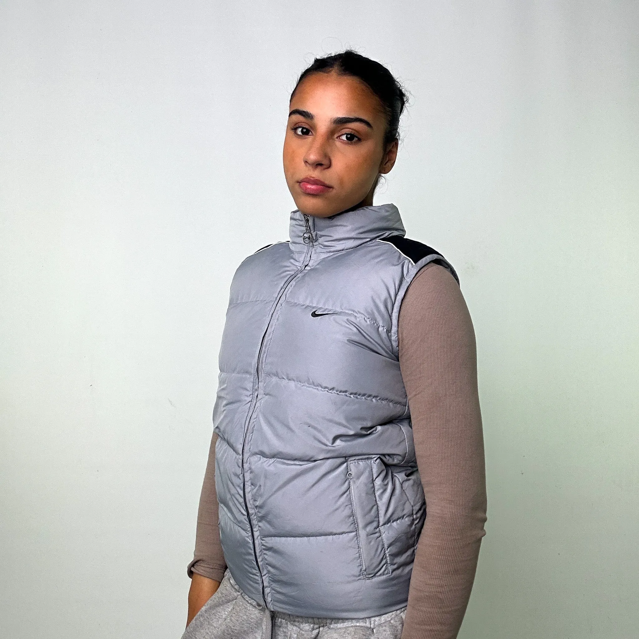 LIGHT GREY Y2KS NIKE PUFFER JACKET COAT GILET (