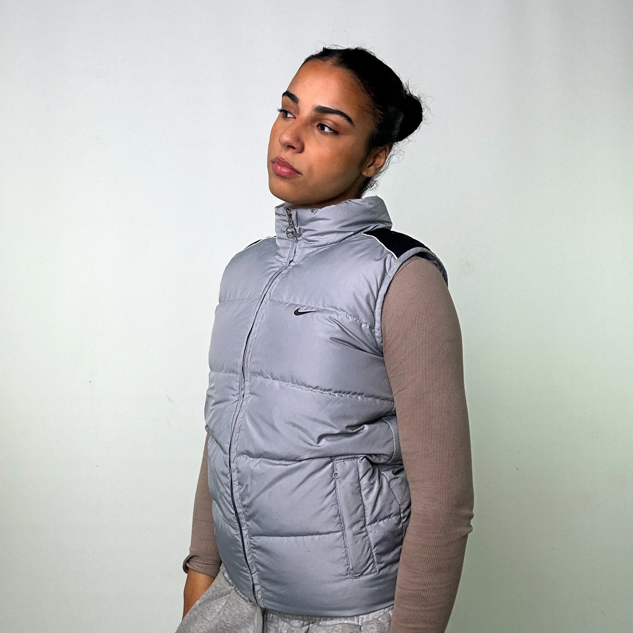 LIGHT GREY Y2KS NIKE PUFFER JACKET COAT GILET (