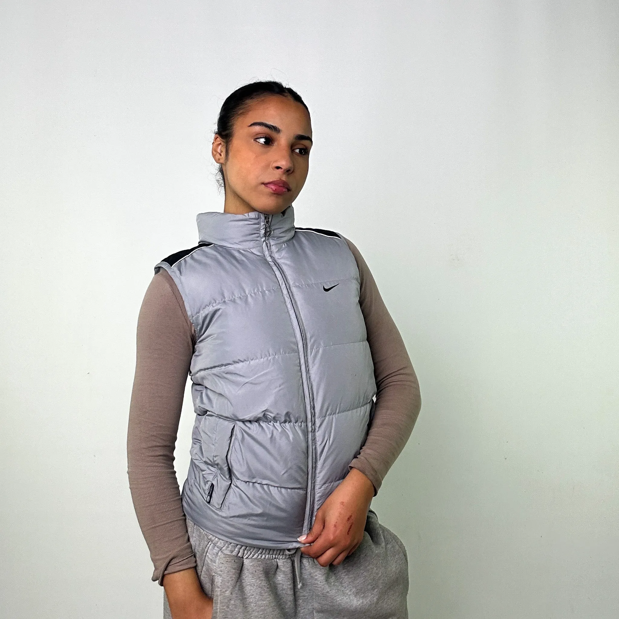 LIGHT GREY Y2KS NIKE PUFFER JACKET COAT GILET (