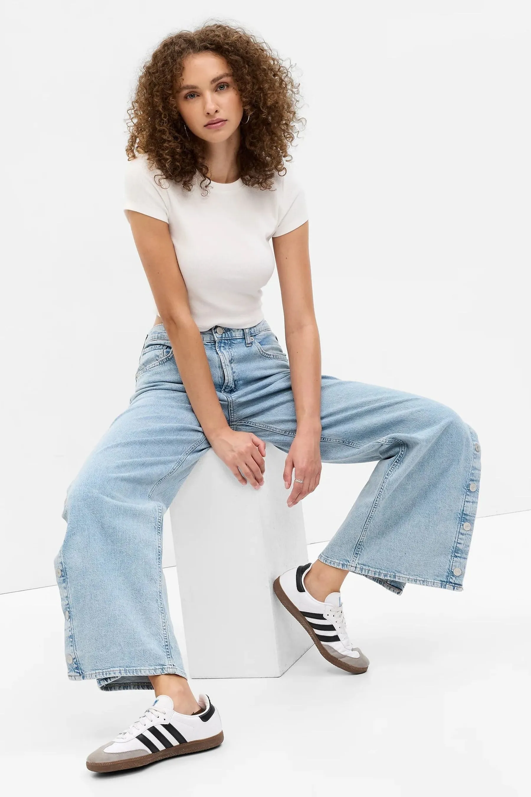 Light Wash Blue Low Rise Snap Seam Detail Wide Leg Jeans