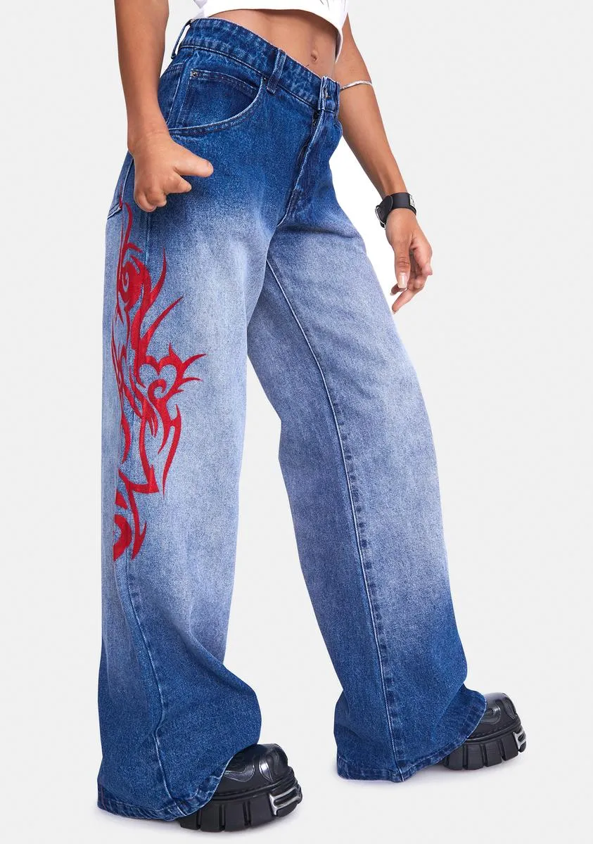 Low Rise Skater Fit Jeans With Tattoo Placement Print-