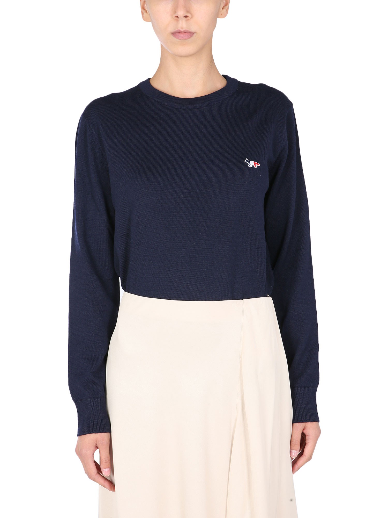 MAISON KITSUNÉ    WOOL CREW NECK SWEATER WITH TRICOLOR FOX PATCH