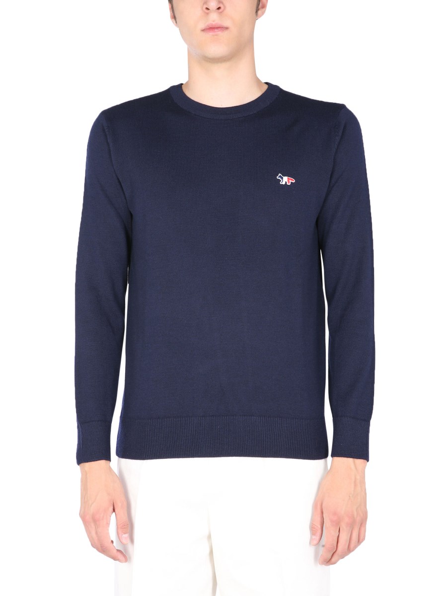 MAISON KITSUNÉ    WOOL CREW NECK SWEATER WITH TRICOLOR FOX PATCH