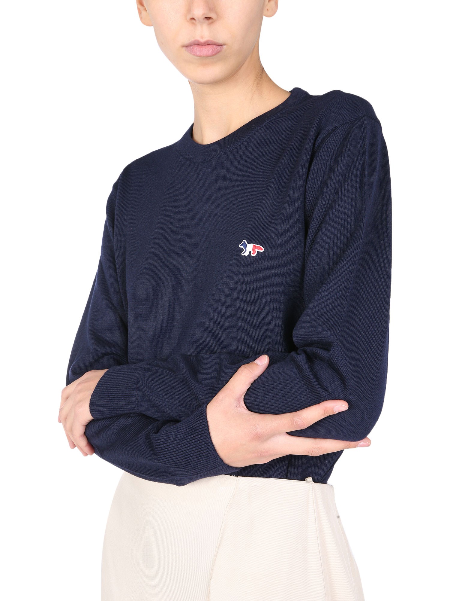 MAISON KITSUNÉ    WOOL CREW NECK SWEATER WITH TRICOLOR FOX PATCH