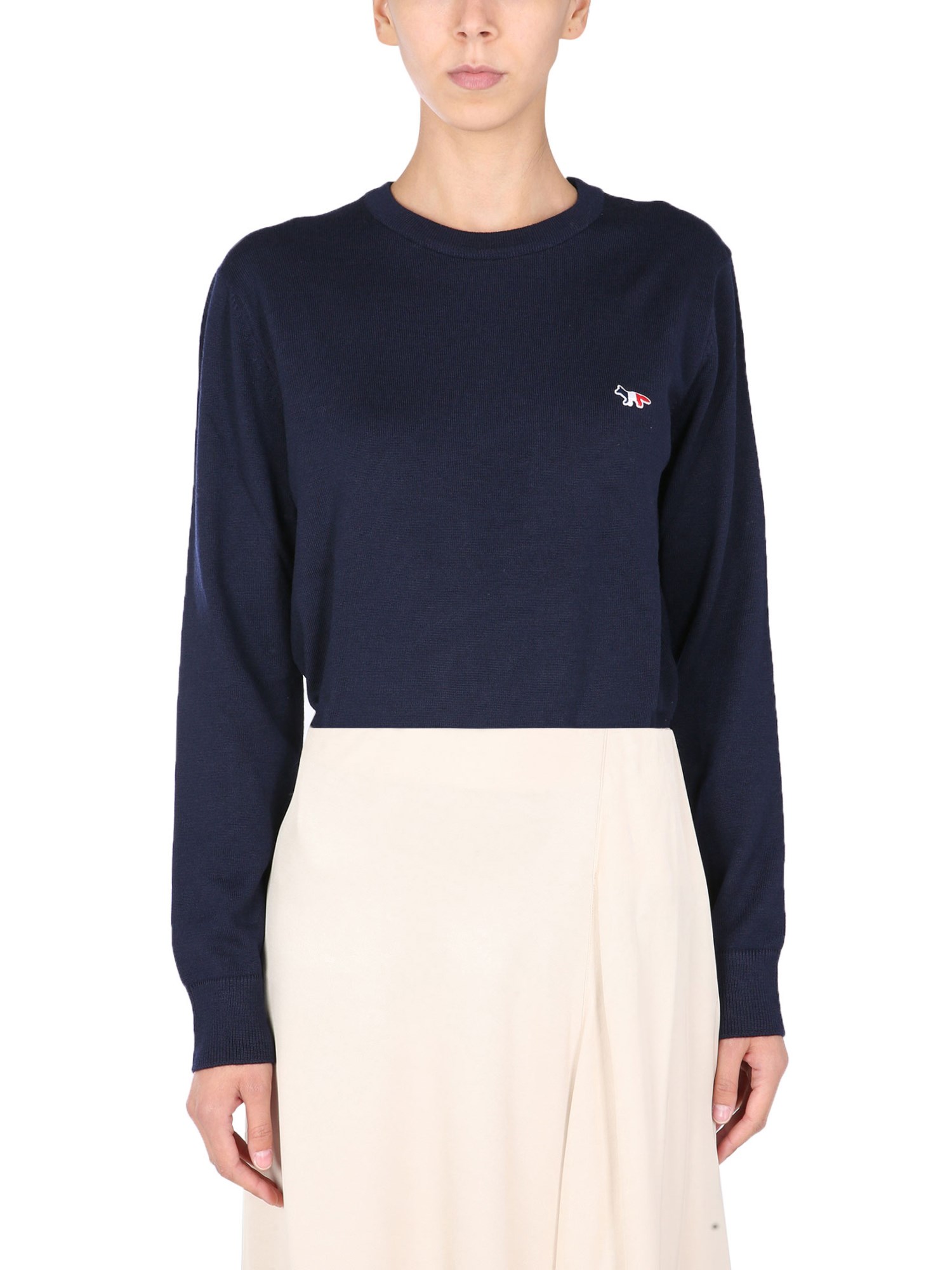 MAISON KITSUNÉ    WOOL CREW NECK SWEATER WITH TRICOLOR FOX PATCH