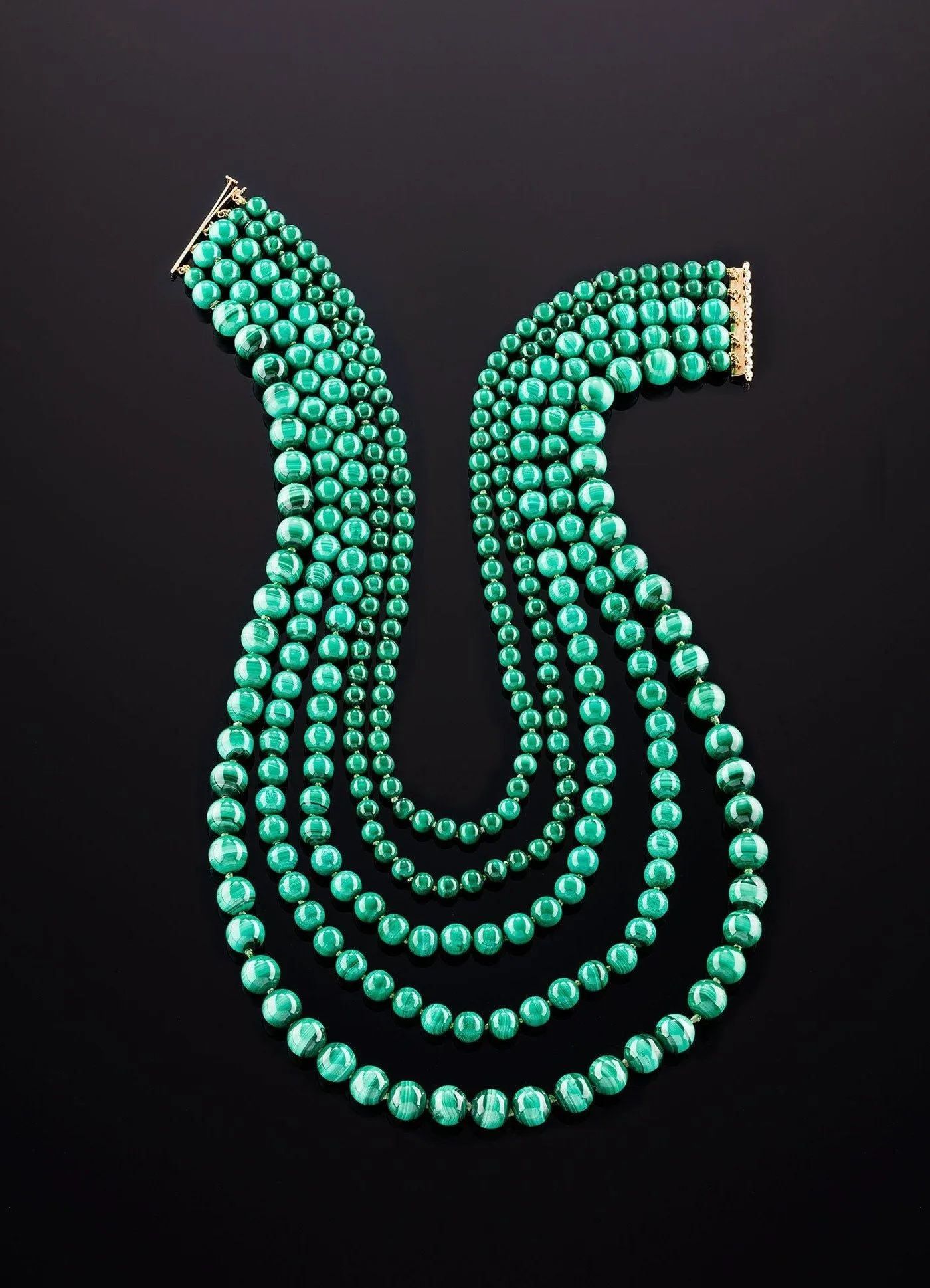 Malachite Five Strand Necklace, 14K Yellow Gold