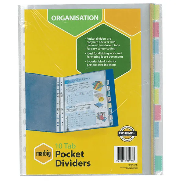 Marbig Divider Pocket PP 10-Tab A4 Assorted Colours 10 Pack