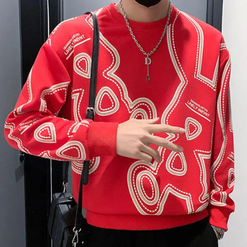 Men's Casual Hip Hop Streetwear Contrast Color Printed Sweatshirt Sweater