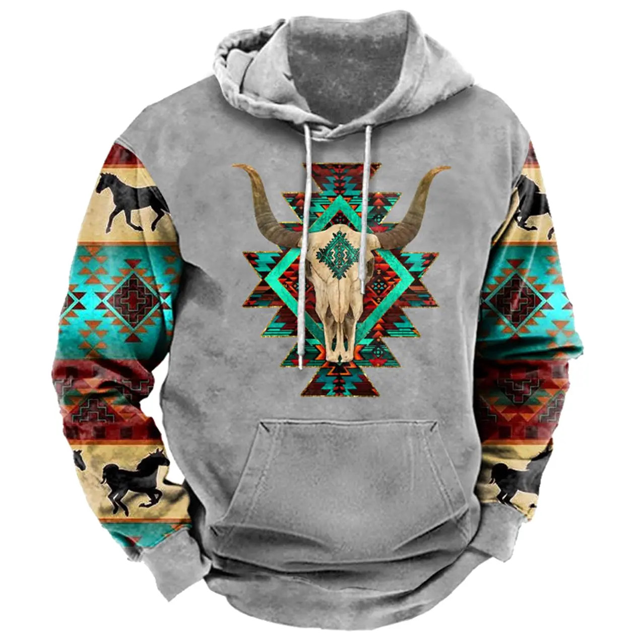 Men's Ethnic Geometric Western Cow Skull Print Hoodie