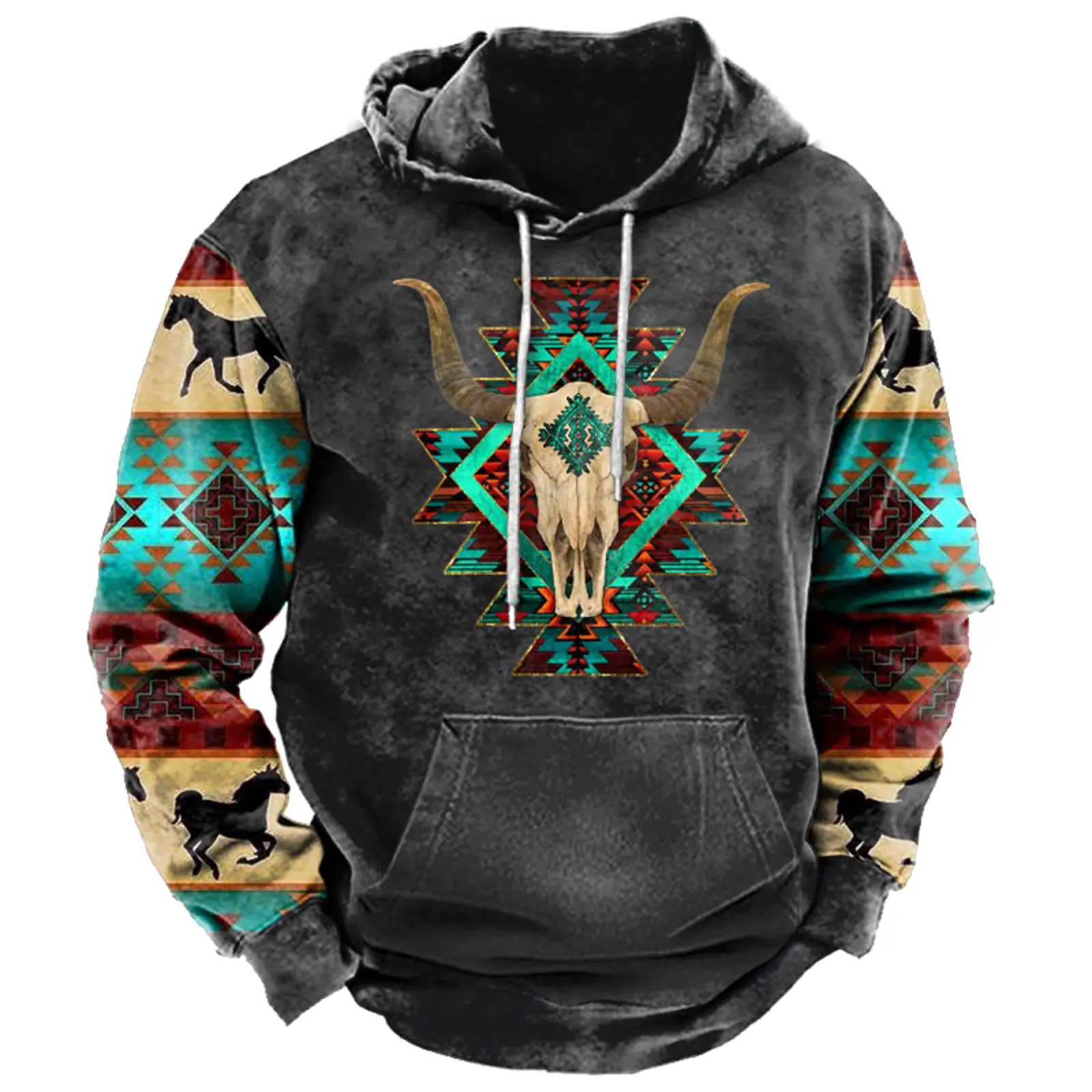 Men's Ethnic Geometric Western Cow Skull Print Hoodie