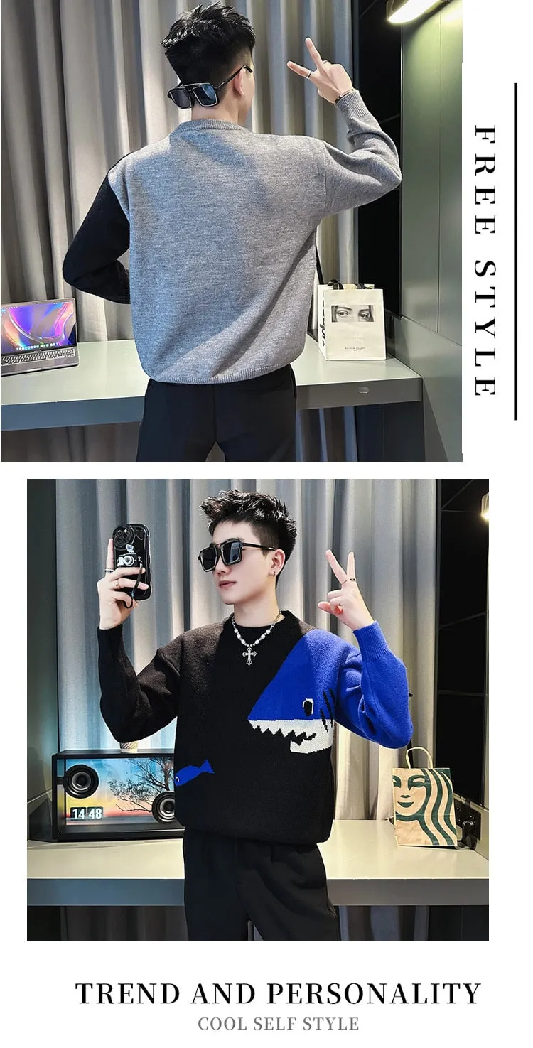 Men's Knitted Round Neck Contrast Color Shark Printed Pullover Sweater