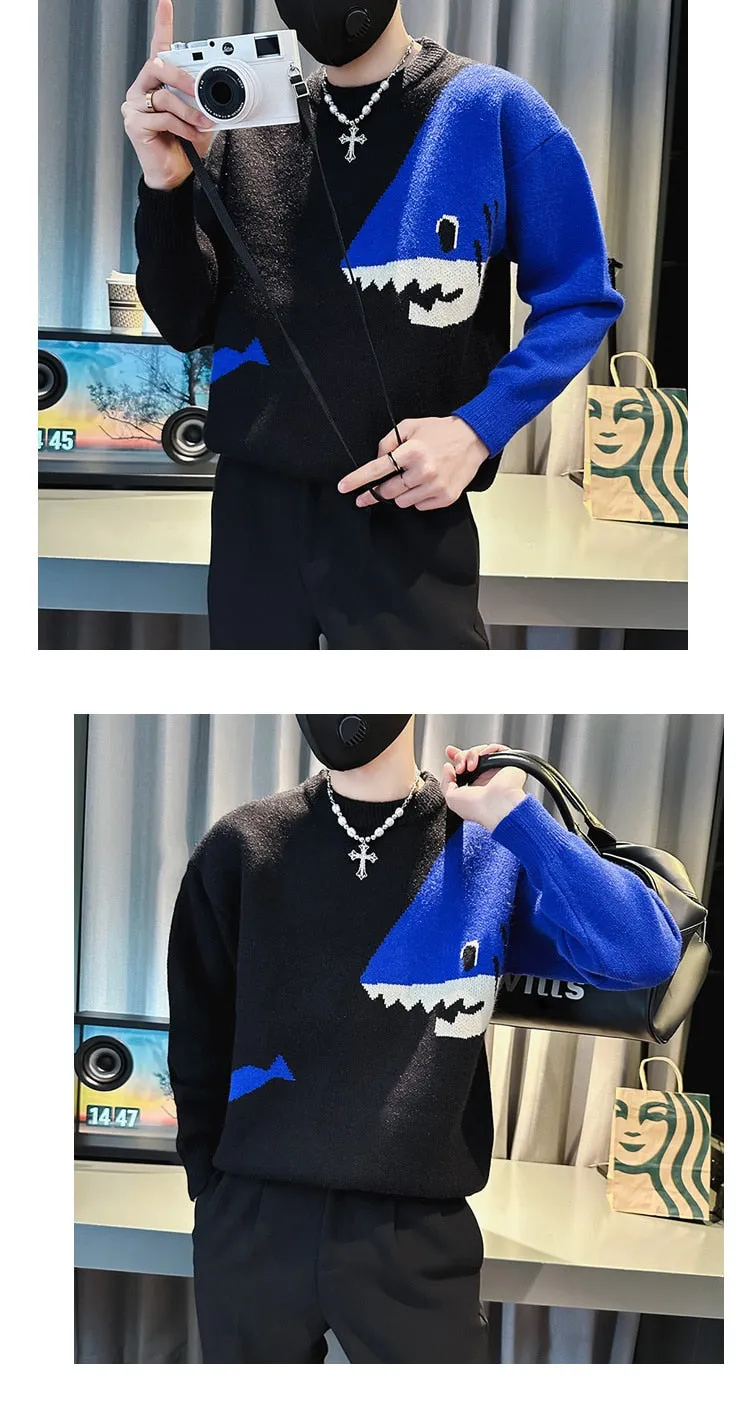 Men's Knitted Round Neck Contrast Color Shark Printed Pullover Sweater