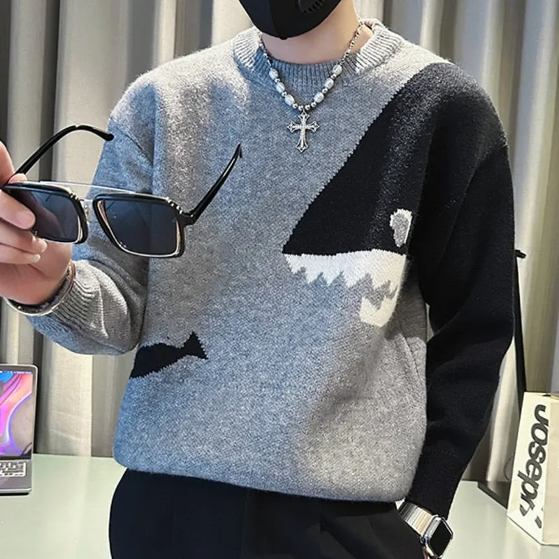 Men's Knitted Round Neck Contrast Color Shark Printed Pullover Sweater