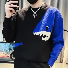 Men's Knitted Round Neck Contrast Color Shark Printed Pullover Sweater