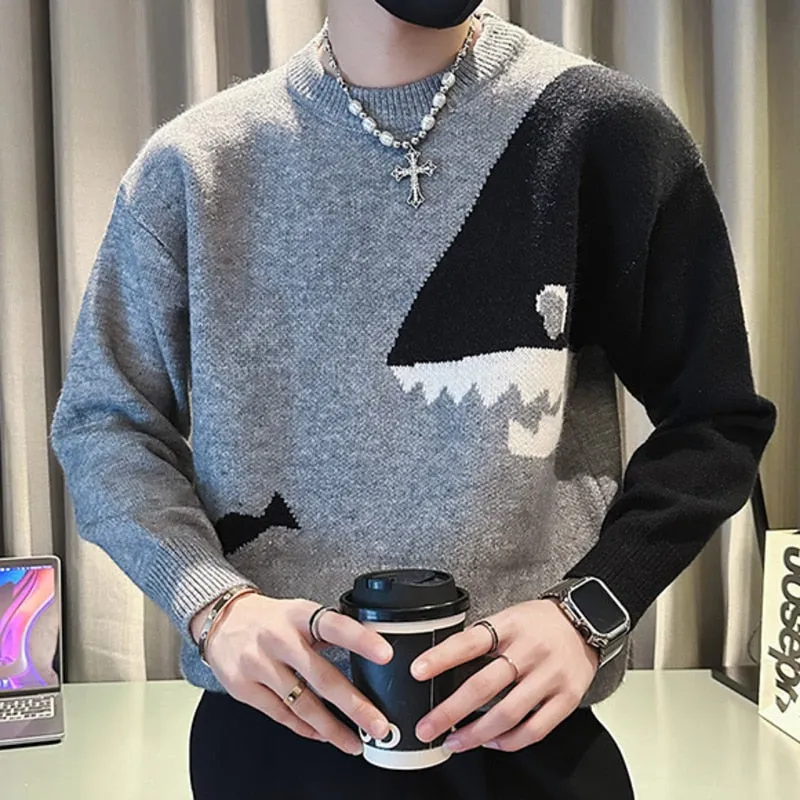 Men's Knitted Round Neck Contrast Color Shark Printed Pullover Sweater