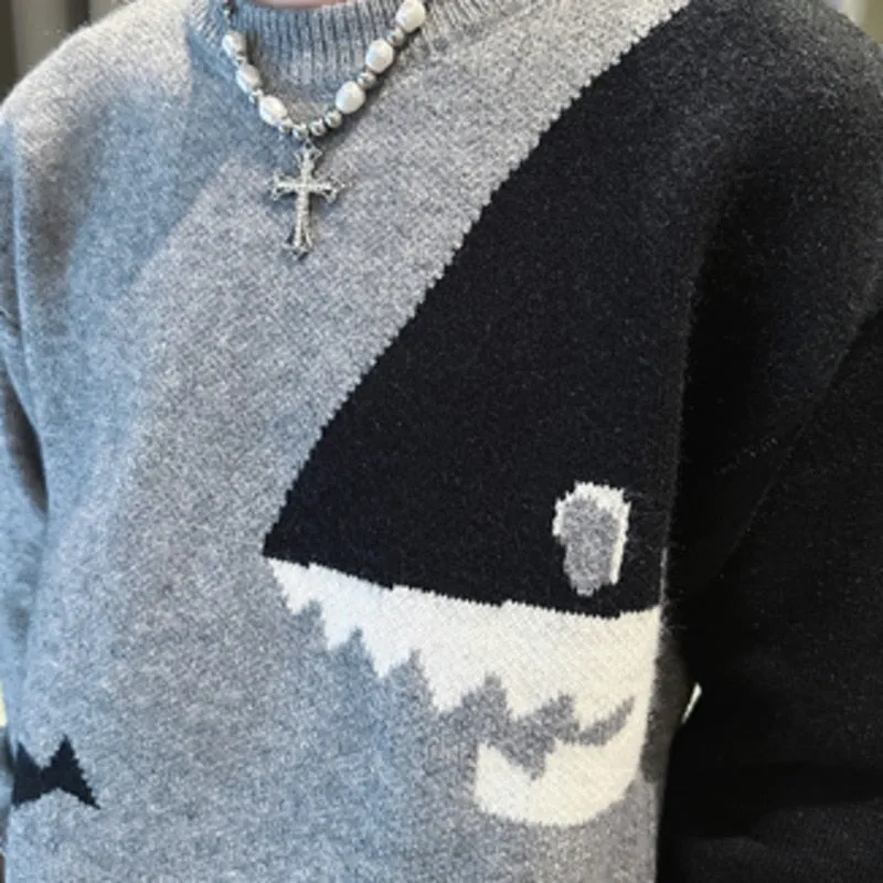 Men's Knitted Round Neck Contrast Color Shark Printed Pullover Sweater