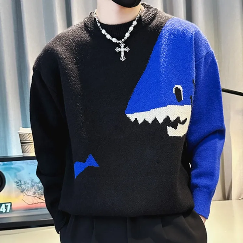 Men's Knitted Round Neck Contrast Color Shark Printed Pullover Sweater