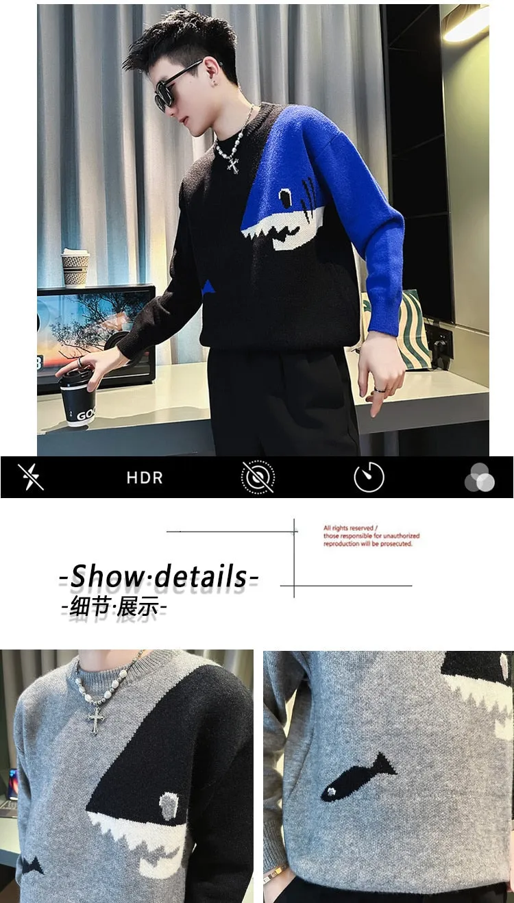 Men's Knitted Round Neck Contrast Color Shark Printed Pullover Sweater