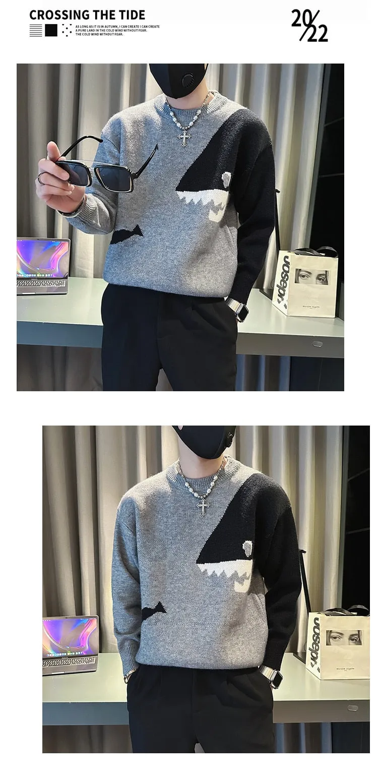 Men's Knitted Round Neck Contrast Color Shark Printed Pullover Sweater