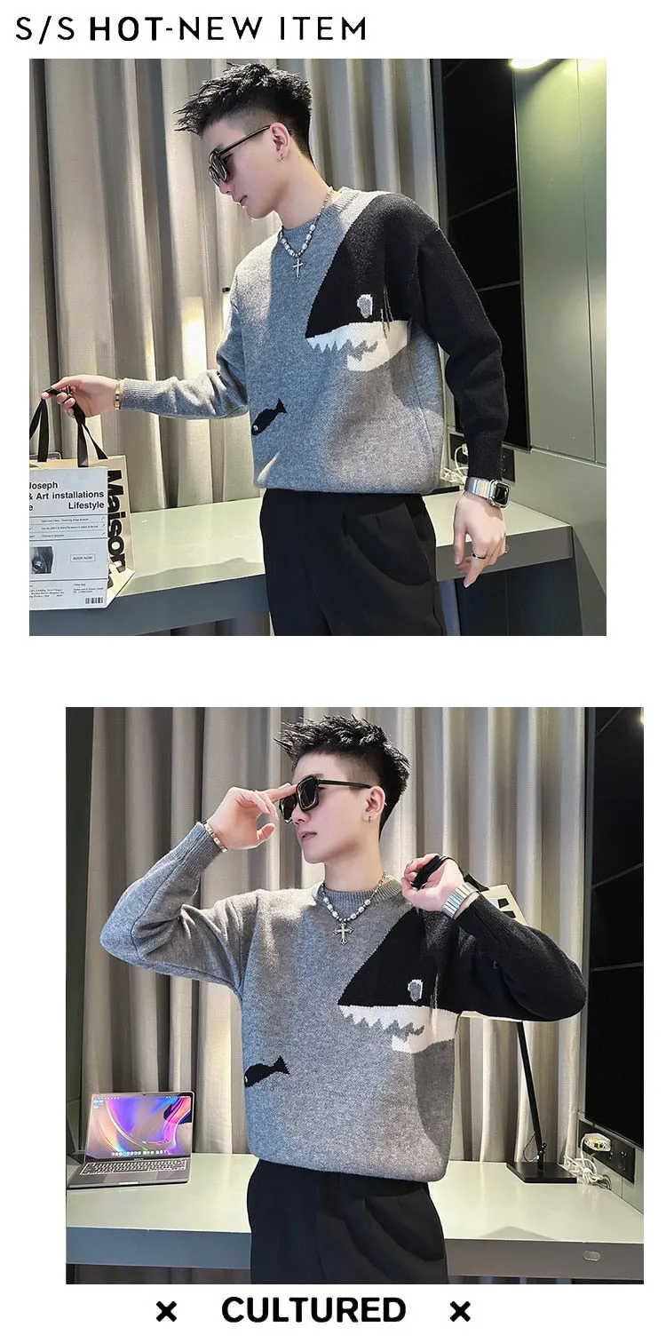 Men's Knitted Round Neck Contrast Color Shark Printed Pullover Sweater