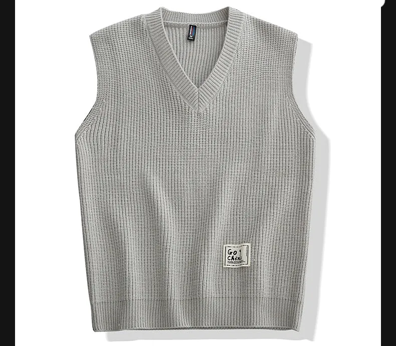 Men's Polyester Sleeveless V-neck Hand Knitted Loose Jumper Sweater