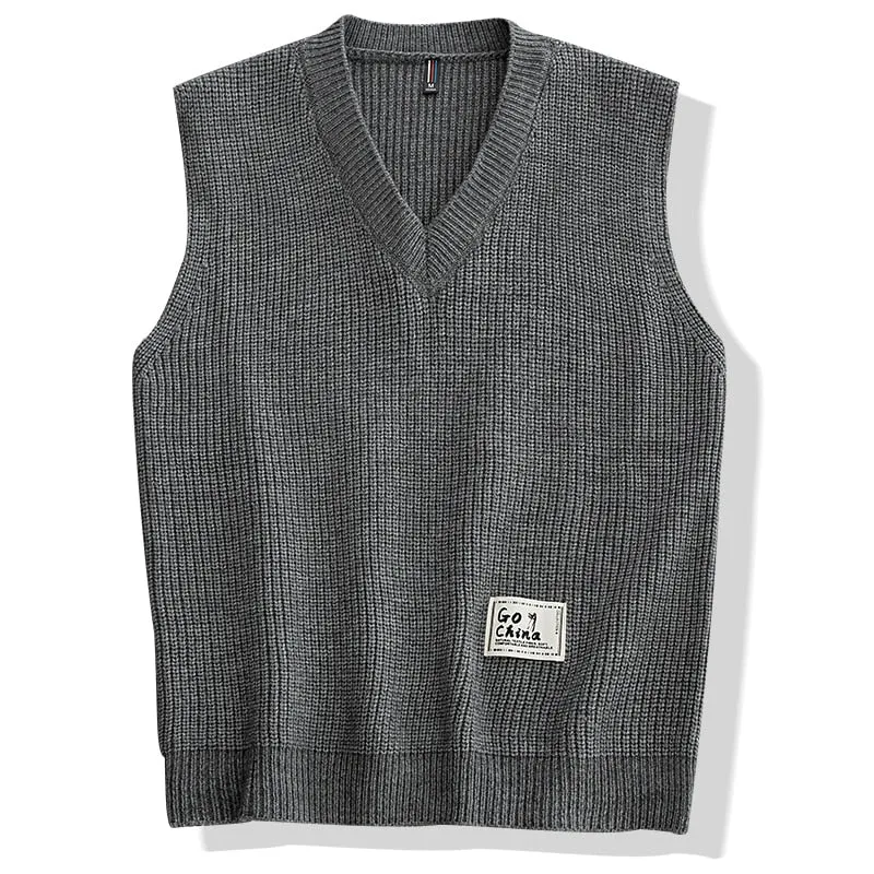 Men's Polyester Sleeveless V-neck Hand Knitted Loose Jumper Sweater