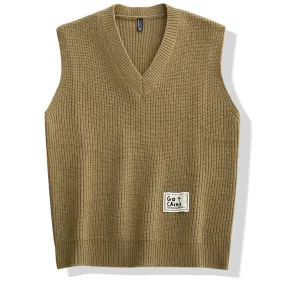 Men's Polyester Sleeveless V-neck Hand Knitted Loose Jumper Sweater