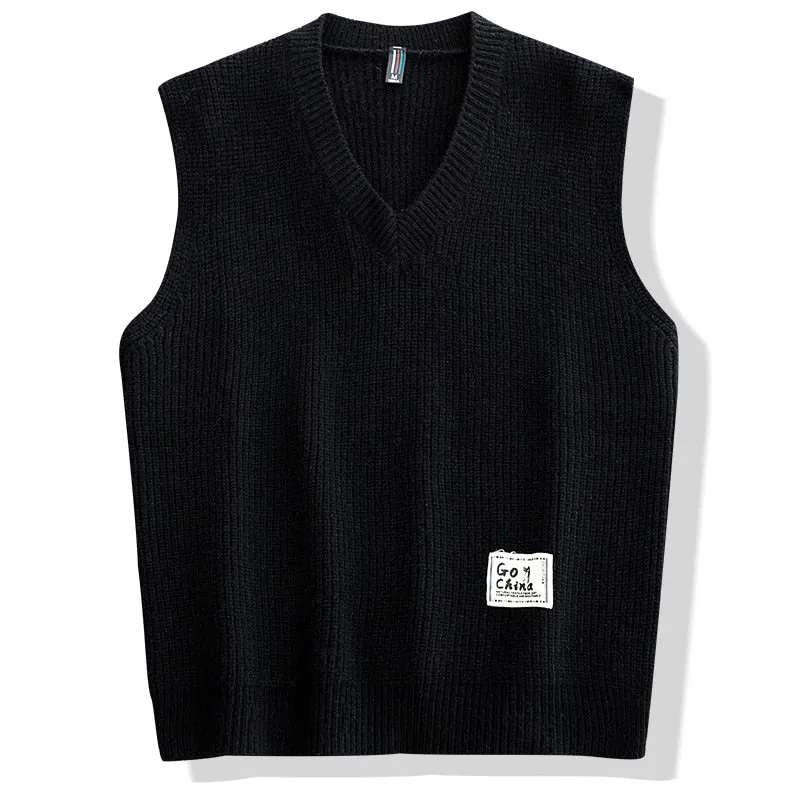 Men's Polyester Sleeveless V-neck Hand Knitted Loose Jumper Sweater