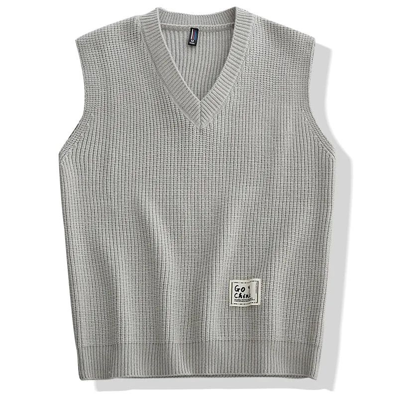 Men's Polyester Sleeveless V-neck Hand Knitted Loose Jumper Sweater