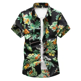 Men's Summer Black Floral Casual Short Sleeve Slim Fit Beachwear Shirt