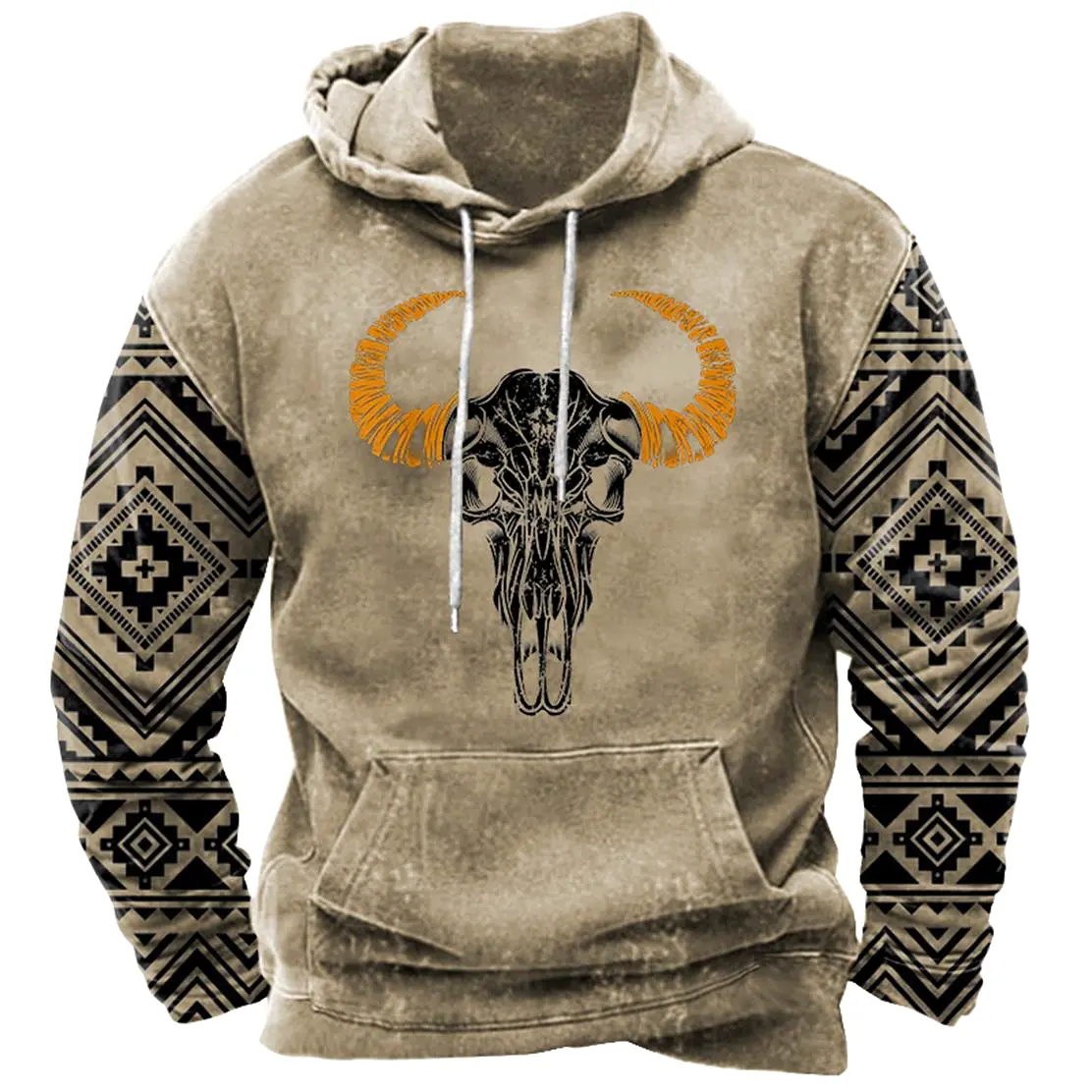 Men's Vintage Western Geometric Bull Skull Print Hoodie