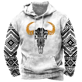 Men's Vintage Western Geometric Bull Skull Print Hoodie