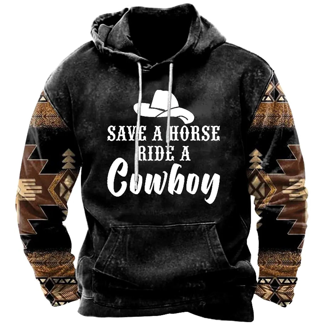 Men's Western Save A Horse Ride A Cowboy Print Hoodie