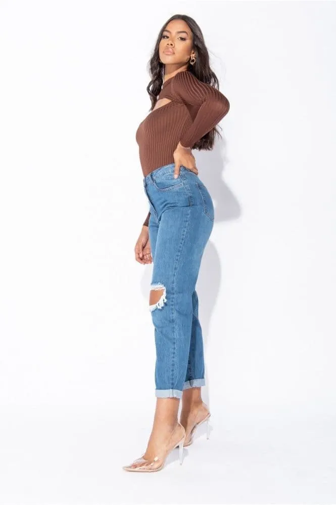 Mid Blue Distressed Turn Up Hem Boyfriend Jean