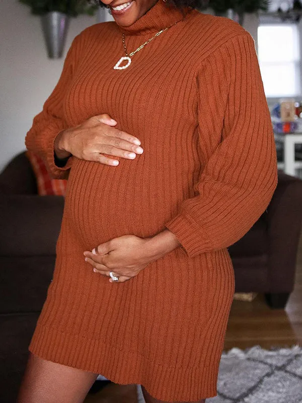 Momnfancy Orange Knitting High Neck Baby Shower Maternity Sweater Dress