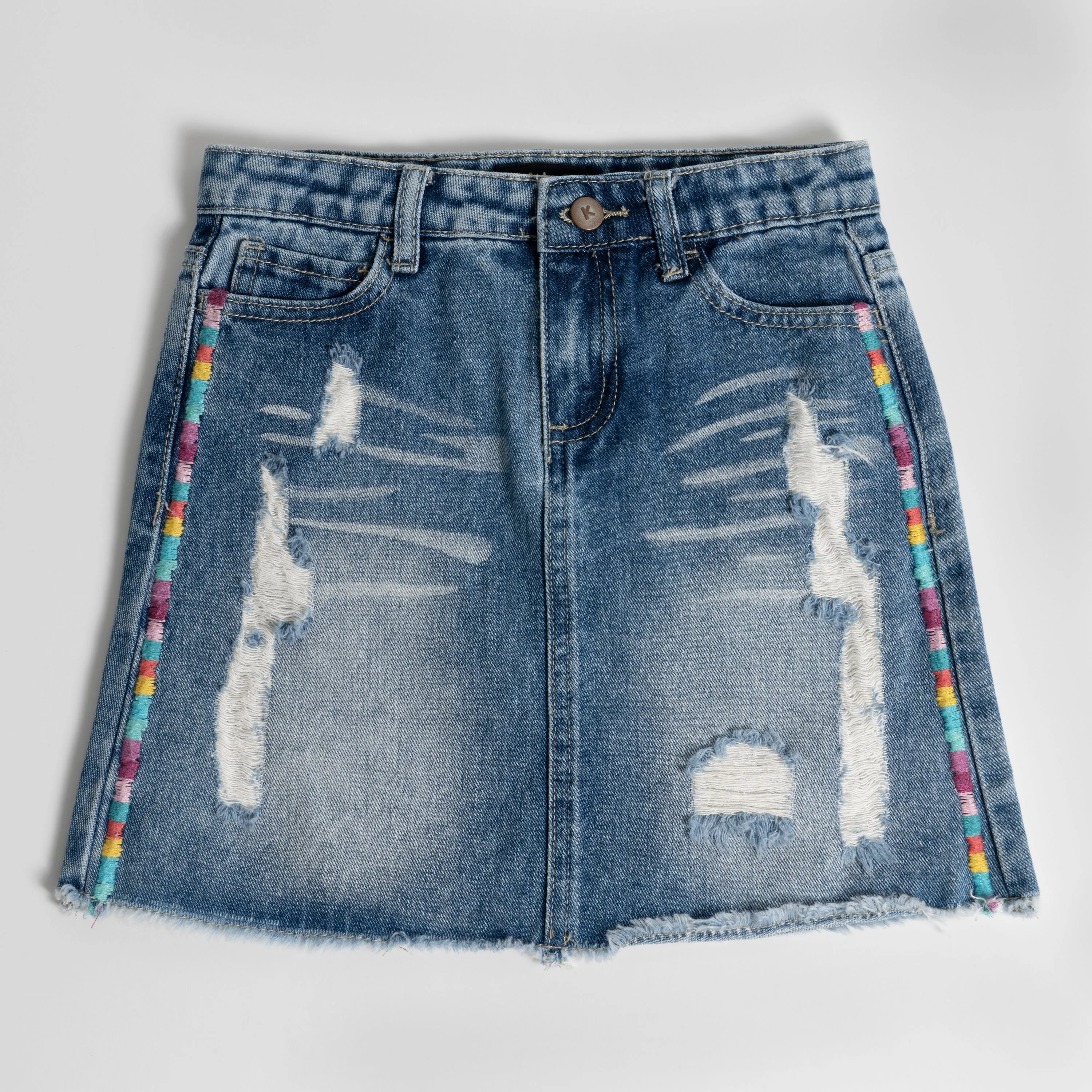 Multi Emb Denim Skirt