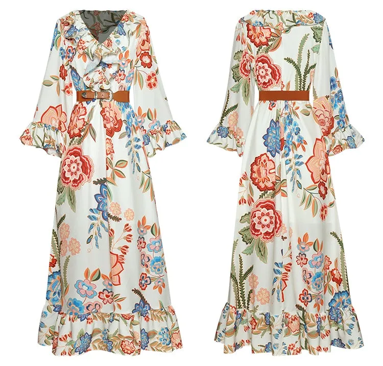 Natalia Loose Flare Sleeve Floral print Ruffles Dress