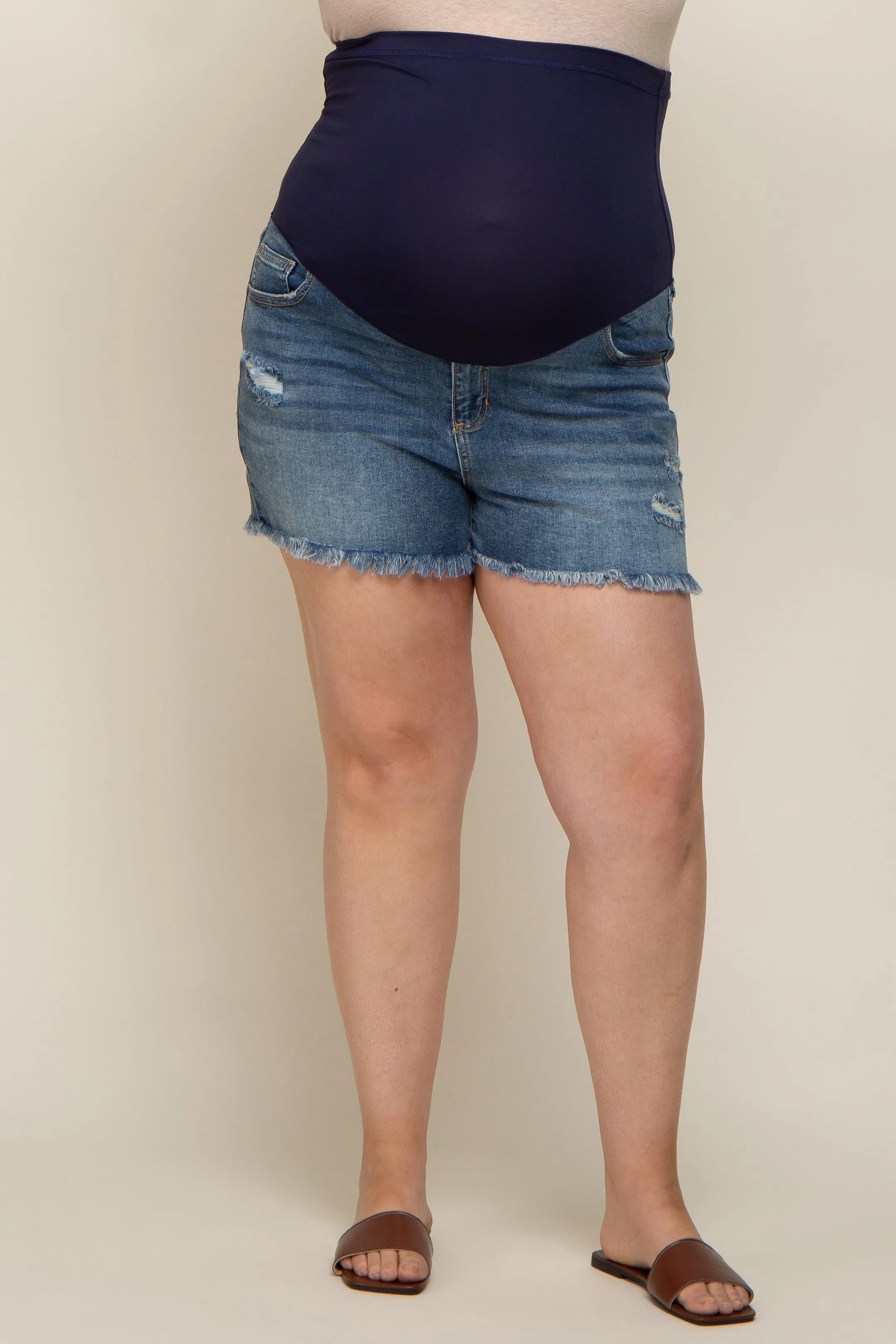 Navy Blue Distressed Fringe Maternity Plus Denim Shorts