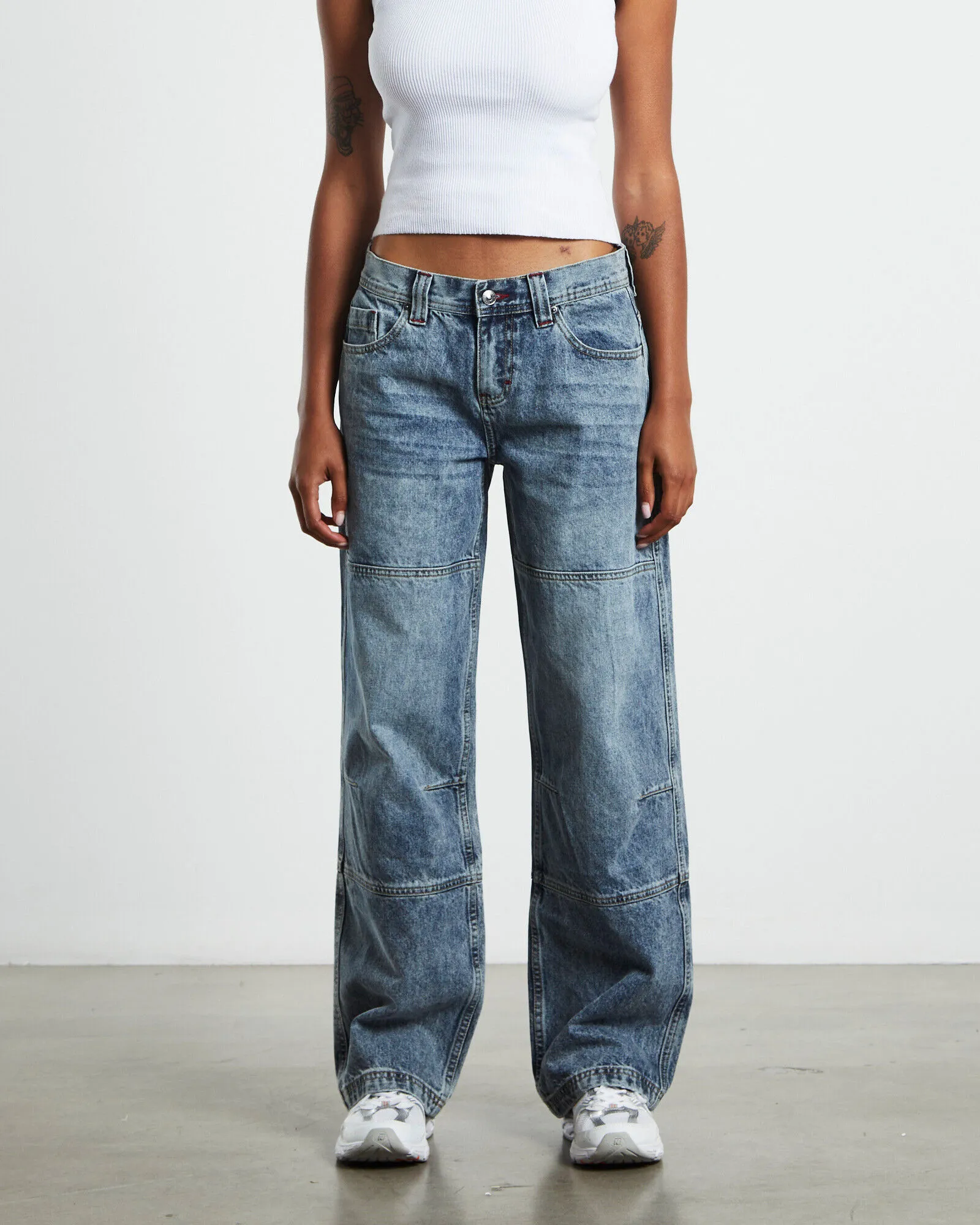 Neon Hart Emison Low Rise Paneled Straight Leg Jeans Faded Stone Wash Blue