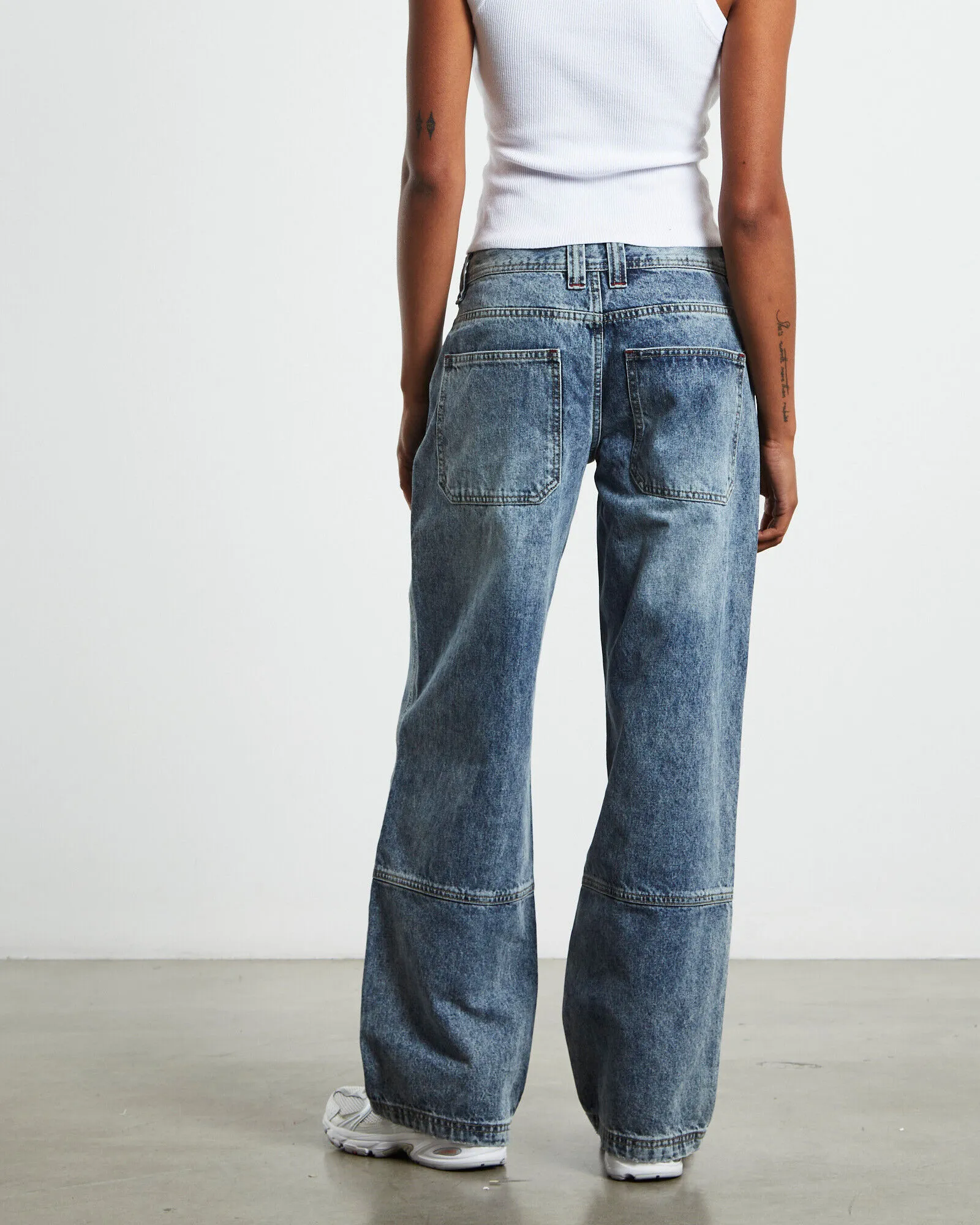 Neon Hart Emison Low Rise Paneled Straight Leg Jeans Faded Stone Wash Blue