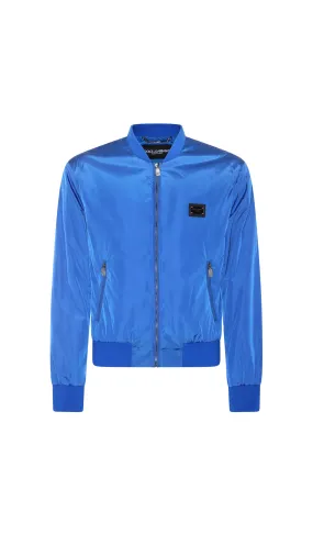 Nylon Jacket With Branded Tag - Blue