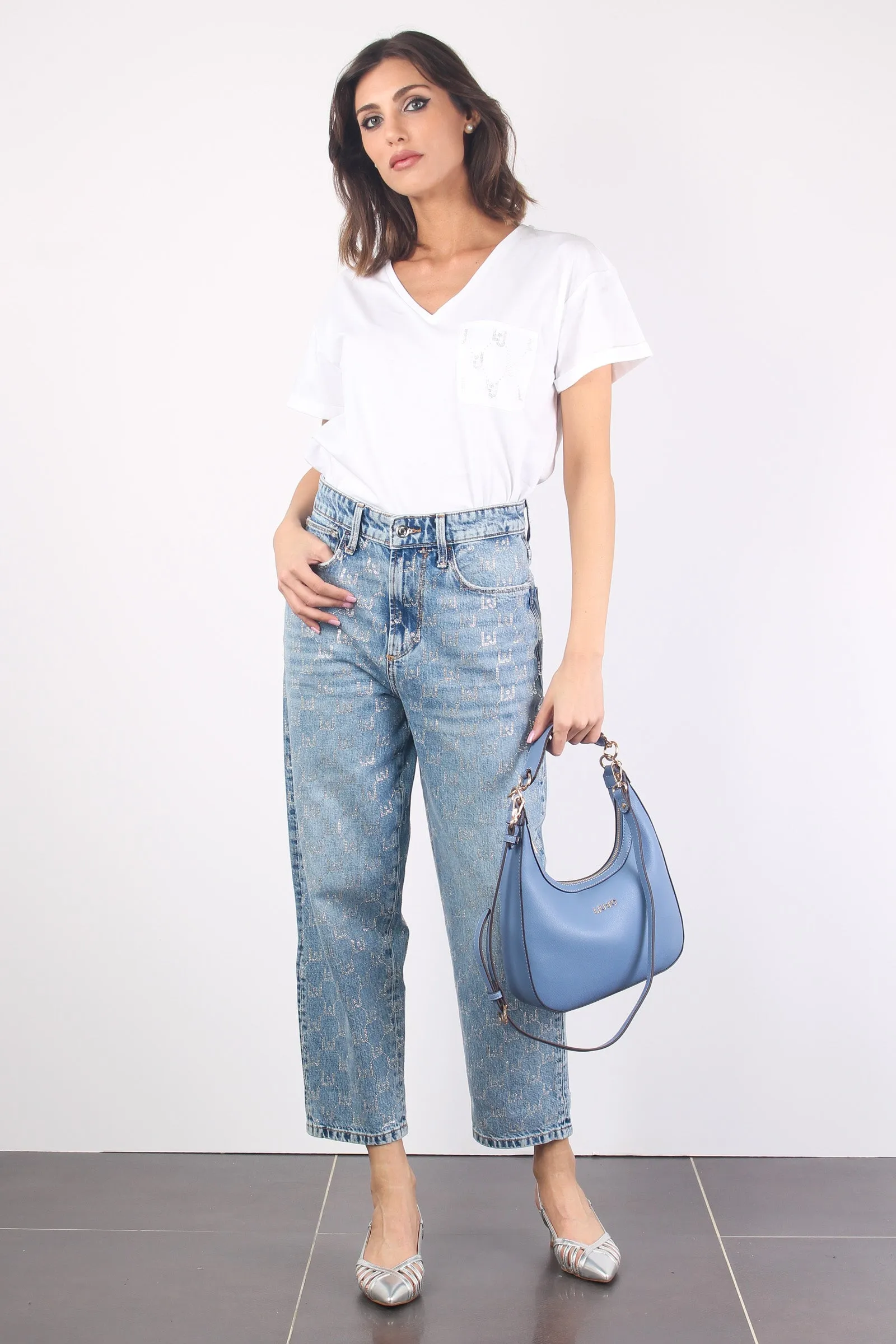 Pantalone Carrot Strass Denim Blue