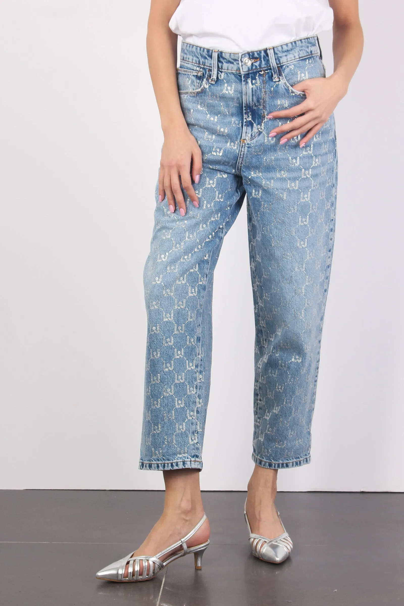 Pantalone Carrot Strass Denim Blue